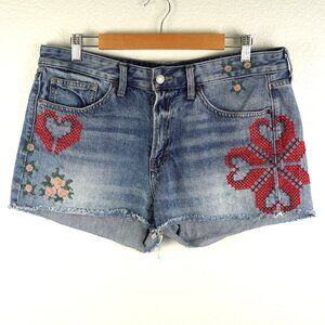 Lucky Brand Mid Rise Boyfriend‎ Denim Shorts 12/31 Floral Heart Embroidery